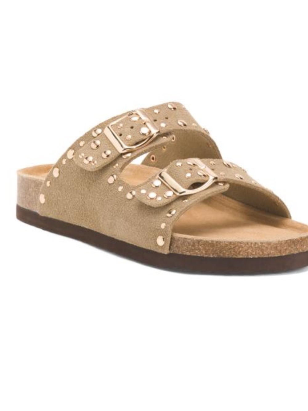 Greystone Taupe Studded Dual-Buckle Slide Sandal
